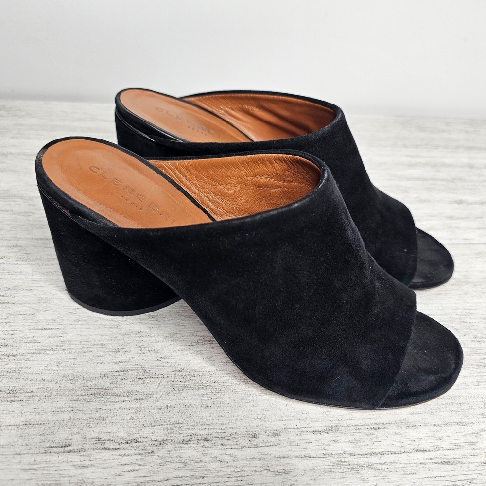 CLERGERIE Caren Black Suede Peep Toe Mules‎ Womens Size 37.5 / 6.5
